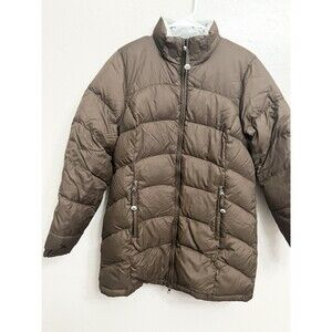 LL Bean Women’s Winter Down Puffer Parka Jacket Size Small Brown Outdoors Hole